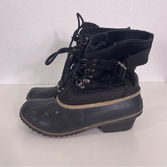 Sorel Black Leather Mid Calf Lace Up Winter Boots - Picture 1 of 10